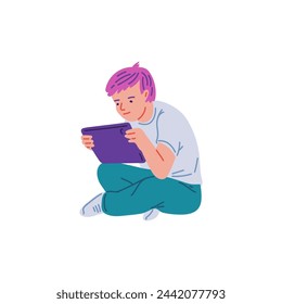 Niño sentado con la tableta estilo plano, ilustración vectorial aislada sobre fondo blanco. Elemento de diseño decorativo, niño jugando o viendo vídeo con gadget