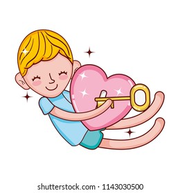child boy sleeping with heart padlock and key