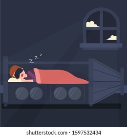 Child boy sleeping on rocket bed night vector