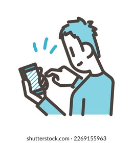 Child (boy) smiling and touching his smartphone [Vector illustration].