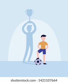Child boy a soccer player with ball drops winner shadow holding trophy champions cup flat vector illustration banner.Achievement goals and challenge concept.