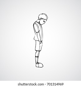 Child, boy standing frustrated. Vector outlined illustration. White image, gray background