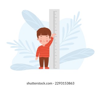 Child boy standing next to stadiometer for height measurement. Track baby growth and development stages, flat cartoon vector illustration isolated on white background.