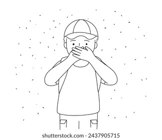 A child boy standing outdoor among the dust and his hands covering nose in line hand drawing vector.