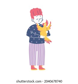 Child boy standing with parrot pet in hands. Child loving and caring for his domestic animal or pet, flat cartoon vector illustration isolated on white background.