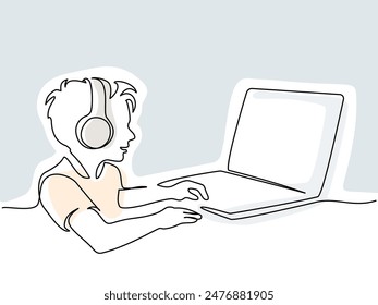 Child boy study at home using notebook, game, technology, headphone, gaming. Education and back to school concept. Continuous one single drawing line art flat doodle. Vector illustration