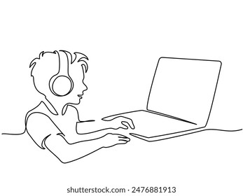 Child boy study at home using notebook, game, technology, headphone, gaming. Education and back to school concept. Continuous one single drawing line art flat doodle. Vector illustration