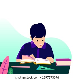 Child boy studying illustration.  Vector illustration. Eps 10