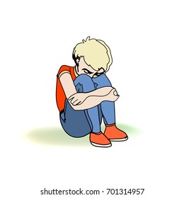 Child, boy, teen, teenager sitting frustrated. Vector outlined illustration. Colored image, gray background.