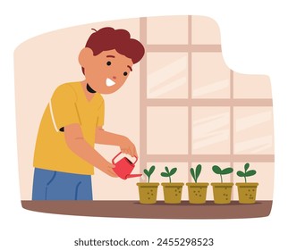 Child Boy Tenderly Waters Potted Plants, Hands Cradling A Tiny Watering Can, Nurturing Nature With Care And Wonder. Kid Character Happy Gardening Recreation Hobby. Cartoon People Vector Illustration