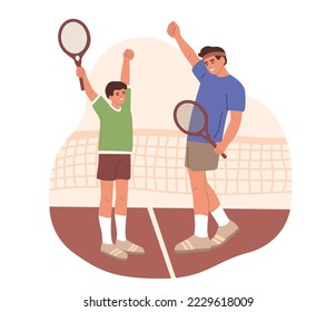 Child boy together with his father. Sports activities for children with family. Boy with tennis racquet. Parent and kid spend time together. Flat vector illustration isolated on white background.