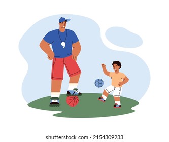 Child boy training football with coach, flat cartoon vector illustration isolated on white background. Sports training and physical development of children.