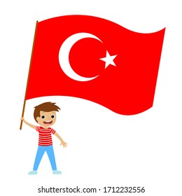 Child Boy with Turkish Flag. Nature Background. Vectoral Illustration.