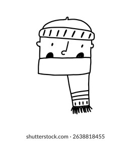 Child boy in winter clothes, cute doodle line art, vector illustration isolated on white background. Character in winter clothes, hand drawn monochrome outline.