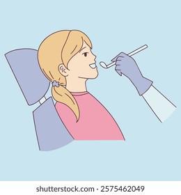 A child bravely sitting at the dentist's office, undergoing a check-up. This illustration promotes dental health and the importance of regular check-ups for kids