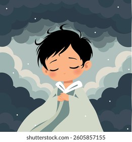 A child in a bright robe against the backdrop of dark clouds Illustration