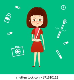 Child broken arm in cast. Sad young girl with broken hand bone vector illustration. Health care medical concept.