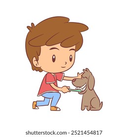 Child brushing dog's teeth, vector illustration