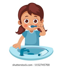 Child brushing her teeth. Cute little girl with a toothbrush and a sink smiling. Cartoon vector illustration