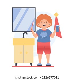 Child brushing his teeth and rinsing his mouth, cartoon flat vector illustration isolated on white background. Children morning hygiene and dental care routine.