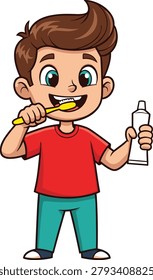 Child brushing teeth cartoon, editable vector clipart, dental hygiene mascot, red shirt, smiling character, toothbrush, toothpaste, health, clean