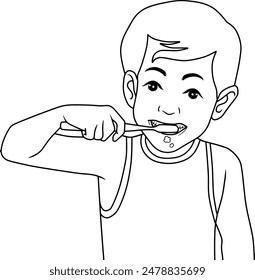 child brushing teeth line vector illustration isolated on white background