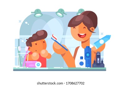 Child Brushing Teeth With Mother Vector Illustration. Mom Giving To Son Toothbrush With Toothpaste. Mum And Little Boy In Bathroom. Personal Hygiene And Accuracy Concept