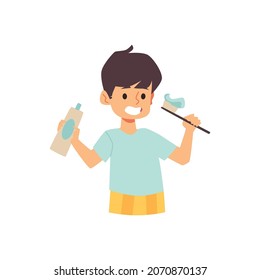 Child brushing teeth with toothpaste, flat cartoon vector illustration isolated on white background. Brushing procedure for teeth health and oral hygiene.