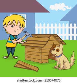 Child building dog house, vector illustration.