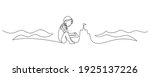 Child building a sand castle on the beach. Continuous line art drawing style. Happy summer vacation. Girl playing on the beach black linear sketch isolated on white background. Vector illustration