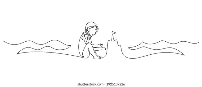 Child building a sand castle on the beach. Continuous line art drawing style. Happy summer vacation. Girl playing on the beach black linear sketch isolated on white background. Vector illustration