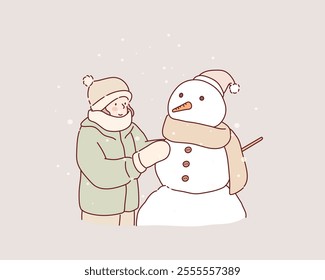 Child building snowman. Kids build snow man. Hand drawn style vector design illustrations.