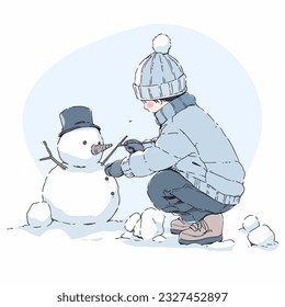 A child building a snowman on a crisp winter day, vector illustration