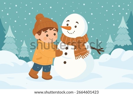 Child building snowman in winter forest. Kid playing with snow figure outdoors. Boy making snow sculpture