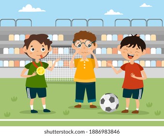 Child bullying concept. Vector illustration of a sad little boy being bullied by his friends in schoolyard. Flat cartoon vector illustration.