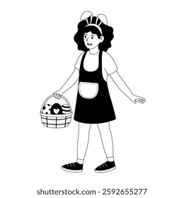 Child in bunny ears holds basket filled with festive items during spring celebration