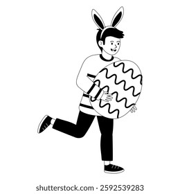 Child with bunny ears joyfully carrying a decorated egg during an Easter celebration