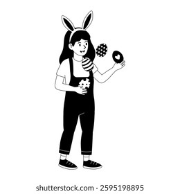 Child in bunny ears juggling Easter eggs and holding cookie during spring festivities