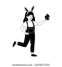 Child in bunny ears running with a cookie during a festive celebration