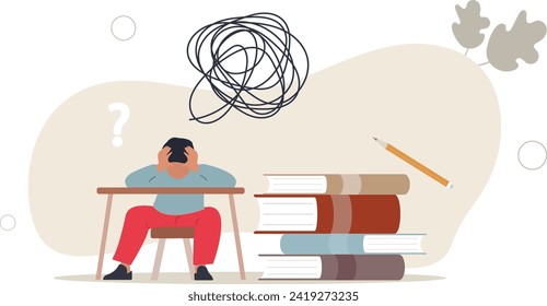 Child, Buried In Homework, Wrestles With Stress And The Weight Of Expectations.flat vector illustration.