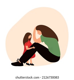 child calms his sad or upset mother. The parent is stressed or in a bad feeling. The concept of love and a kind heart of children. Cartoon vector illustration