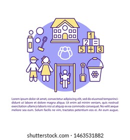 Child camp, after school activity article page vector template. Brochure, magazine, booklet design element with linear icons and text boxes. Print design. Concept illustrations with text space 