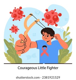 Child cancer. Boy shooting cancer cells with a slingshot . Little kid getting medical treatment fighting against oncological illness. Pediatric chemotherapy. Flat vector illustration