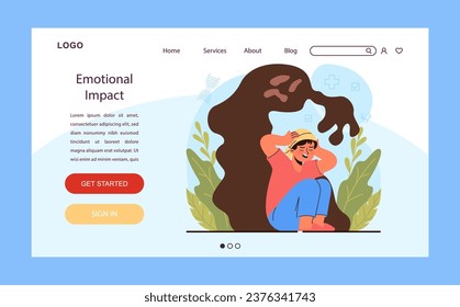 Child cancer emotional impact web banner or landing page. Little kid stressing out during oncological illness medical treatment. Pediatric chemotherapy emotional support idea. Flat vector illustration