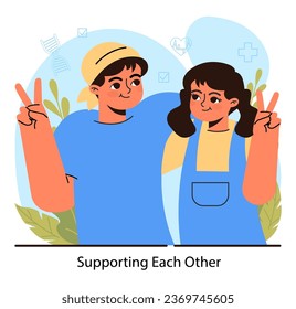 Child cancer. Little kids, girl and boy support each other during oncological illness medical treatment. Pediatric diagnosis, chemotherapy and remission. Flat vector illustration