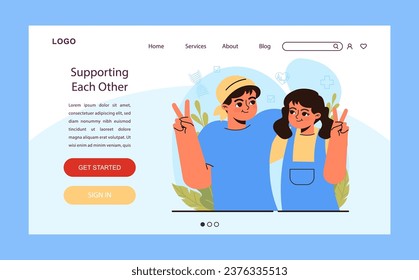 Child cancer web banner or landing page. Little kids, girl and boy support each other during oncological treatment. Pediatric diagnosis, chemotherapy and remission. Flat vector illustration