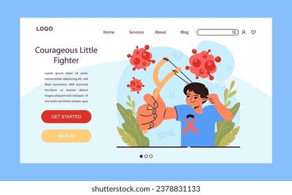 Child cancer web banner or landing page. Boy shooting cancer cells with a slingshot. Little kid fighting against oncological illness. Pediatric chemotherapy. Flat vector illustration