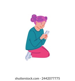 A child captivated by a smartphone. Vector illustration of a young girl with a phone, focusing intently on the screen.