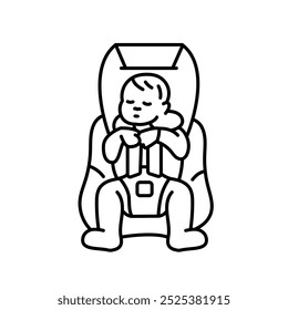 A child in a car seat line icon. Vector isolated element. Editable stroke.