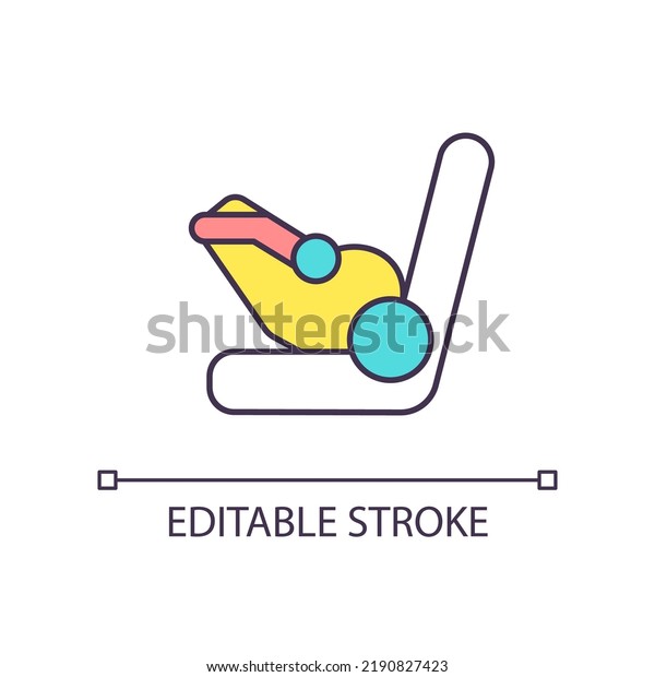 Child car seat RGB color icon. Protection for kid\
while driving. Roadtrip safety. Car protection for baby. Isolated\
vector illustration. Simple filled line drawing. Editable stroke.\
Arial font used